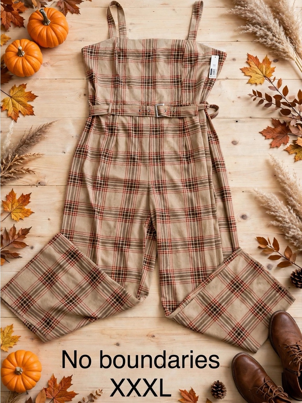 No Boundaries Plaid Belted Jumpsuit in Tan and Red
